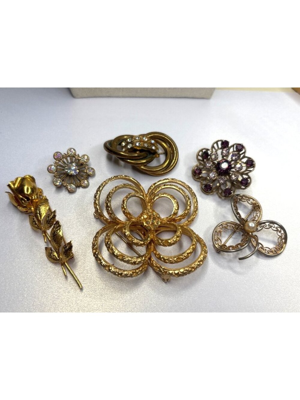6 Vintage Goldtone Brooches: Rose, Abstract, Rhinestones, Purple, and More | Res